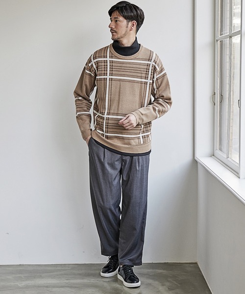 UNION STATION（ユニオンステーション）の「抗ピリングWジャガードチェック柄ニット/マシンウォッシャブル（ニット/セーター・メンズ・ベージュ/ブラック・LL/L/M）」の8枚目の写真