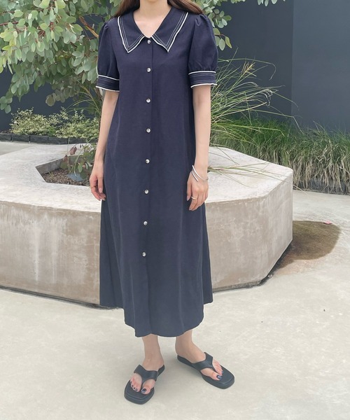 LE MORE（リモア）の「レトロボタンシャツワンピース（ワンピース・レディース・ブラック/アイボリー・FREE）」の2枚目の写真