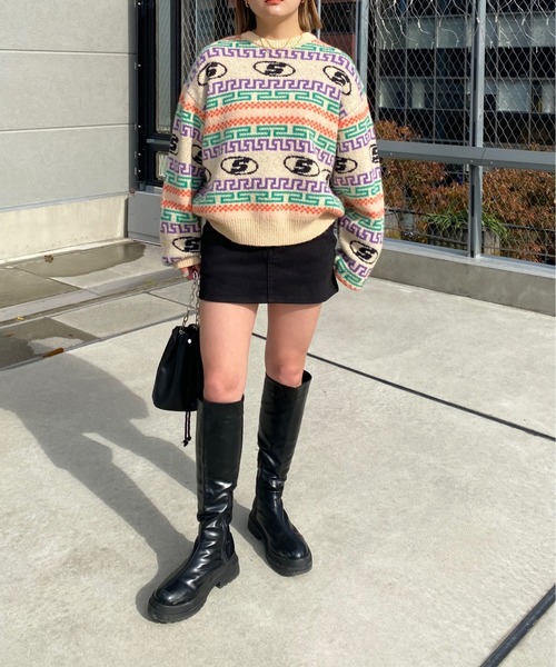 WHO'S WHO gallery（フーズフーギャラリー）の「【SLOPPY/スロッピー】Sロゴジャカードニット（ニット/セーター・レディース・オフホワイト/ブラック・FREE）」の4枚目の写真