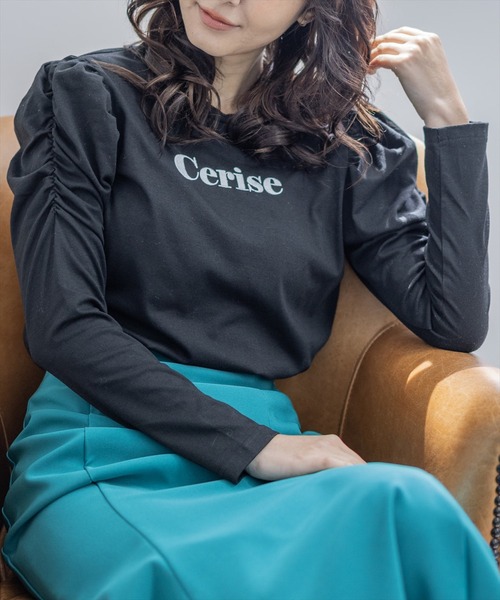 clear（クリア）の「長袖袖ギャザー刺繍カットソー（Tシャツ/カットソー・レディース・オフホワイト/ブラック・F）」の2枚目の写真