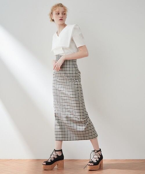 DEICY（デイシー）の「ハイウエストチェックロングスカート（スカート・レディース・ブラック/レッド・0/1）」の4枚目の写真