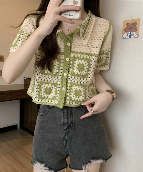 pumpkin port(パンプキンポート)の「モチーフ柄 かぎ針 襟付き カーディガン(カーディガン/ボレロ・レディース・モカ/グリーン/ブラック・MEDIUM)」の3枚目の写真