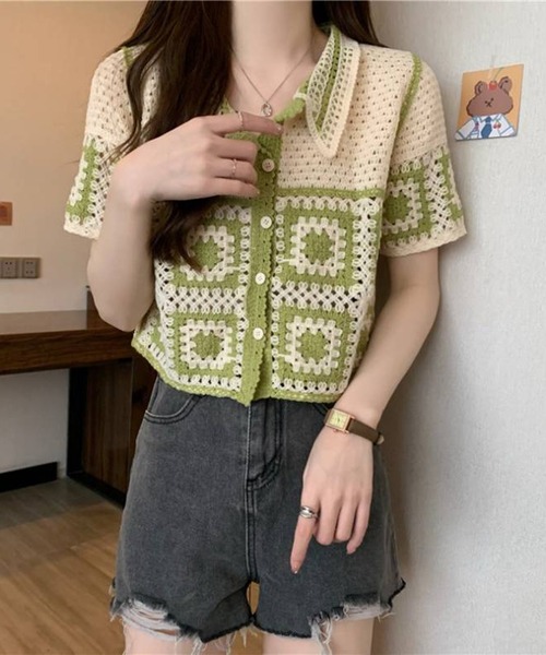 pumpkin port(パンプキンポート)の「モチーフ柄 かぎ針 襟付き カーディガン(カーディガン/ボレロ・レディース・モカ/グリーン/ブラック・MEDIUM)」の14枚目の写真