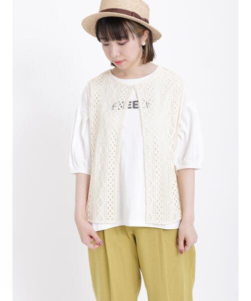 Samansa Mos2（サマンサ モスモス）の「レースベスト+パフスリーブTシャツセット（Tシャツ/カットソー・レディース・チャコールグレー/グリーン/オレンジ/キナリ/ベージュ・F）」の12枚目の写真