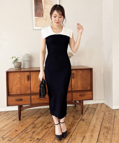 MIIA（ミーア）の「ケープ衿タイトニットワンピース（ワンピース・レディース・ブラック×ホワイト/ベージュ/ブラック・FREE）」の9枚目の写真