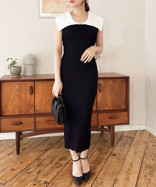 MIIA（ミーア）の「ケープ衿タイトニットワンピース（ワンピース・レディース・ブラック×ホワイト/ベージュ/ブラック・FREE）」の4枚目の写真