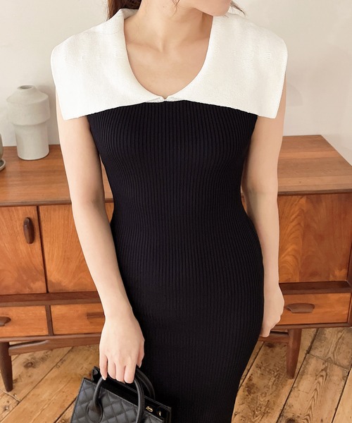MIIA（ミーア）の「ケープ衿タイトニットワンピース（ワンピース・レディース・ブラック×ホワイト/ベージュ/ブラック・FREE）」の19枚目の写真