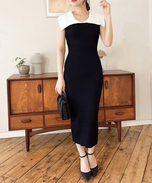 MIIA（ミーア）の「ケープ衿タイトニットワンピース（ワンピース・レディース・ブラック×ホワイト/ベージュ/ブラック・FREE）」の14枚目の写真