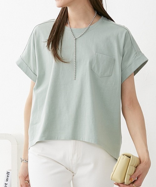 nissen（ニッセン）の「綿１００％　ゆるシルエット胸ポケット付Ｔシャツ（Tシャツ/カットソー・レディース・カーキ/ベージュ/ブラック/ミント/ブルーグレー/オフホワイト/ピンク/モカ/イエロー/ターコイズブルー/スカイブルー・L/LL/M/S）」の7枚目の写真