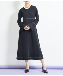 Settimissimo | 配色ステッチ マキシ丈 ワンピース クルーネック 長袖(ワンピース)