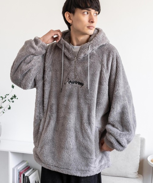 Rocky Monroe（ロッキーモンロー）の「オーバーサイズ ダブルフェイスボアフリース ハーフジッププルオーバーパーカー（パーカー・メンズ・アイボリー/ブラック/グリーン/グレー・M/L）」の4枚目の写真