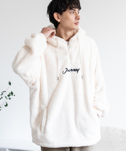 Rocky Monroe（ロッキーモンロー）の「オーバーサイズ ダブルフェイスボアフリース ハーフジッププルオーバーパーカー（パーカー・メンズ・アイボリー/ブラック/グリーン/グレー・M/L）」の6枚目の写真