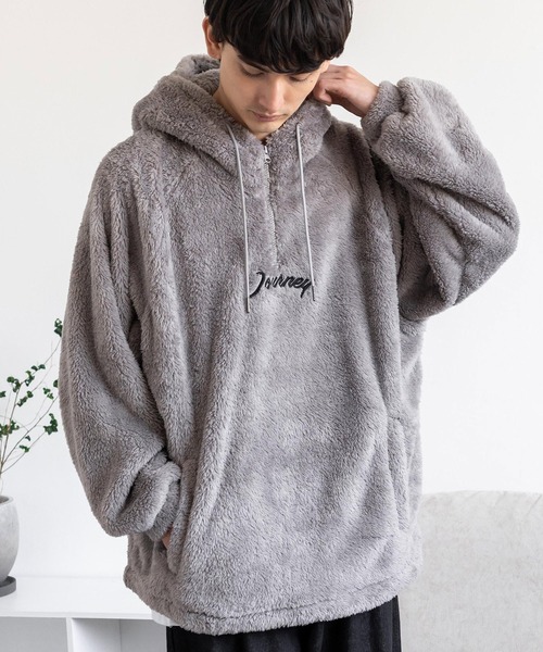 Rocky Monroe（ロッキーモンロー）の「オーバーサイズ ダブルフェイスボアフリース ハーフジッププルオーバーパーカー（パーカー・メンズ・アイボリー/ブラック/グリーン/グレー・M/L）」の16枚目の写真