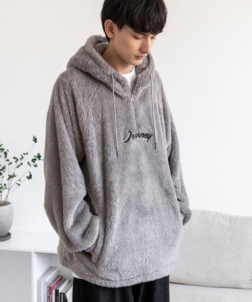 Rocky Monroe（ロッキーモンロー）の「オーバーサイズ ダブルフェイスボアフリース ハーフジッププルオーバーパーカー（パーカー・メンズ・アイボリー/ブラック/グリーン/グレー・M/L）」の13枚目の写真