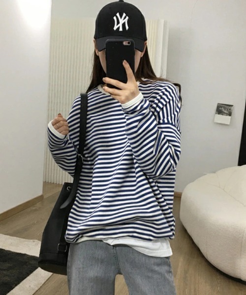 COCOMOMO(ココモモ)の「ボーダー長袖カットソー クルーネックロンT(Tシャツ/カットソー・レディース・ネイビー/ブラック/ブラウン・L/M)」の1枚目の写真