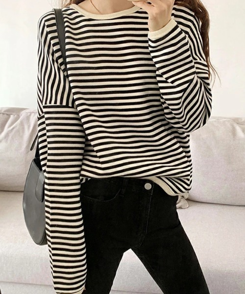 COCOMOMO(ココモモ)の「ボーダー長袖カットソー クルーネックロンT(Tシャツ/カットソー・レディース・ネイビー/ブラック/ブラウン・L/M)」の2枚目の写真