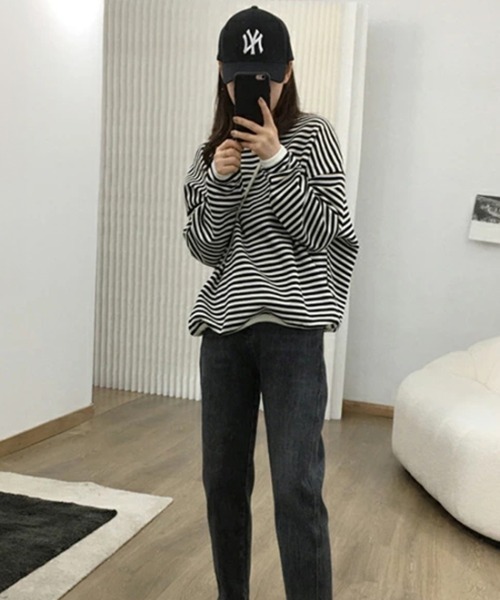 COCOMOMO(ココモモ)の「ボーダー長袖カットソー クルーネックロンT(Tシャツ/カットソー・レディース・ネイビー/ブラック/ブラウン・L/M)」の6枚目の写真