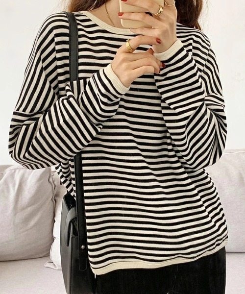 COCOMOMO(ココモモ)の「ボーダー長袖カットソー クルーネックロンT(Tシャツ/カットソー・レディース・ネイビー/ブラック/ブラウン・L/M)」の4枚目の写真