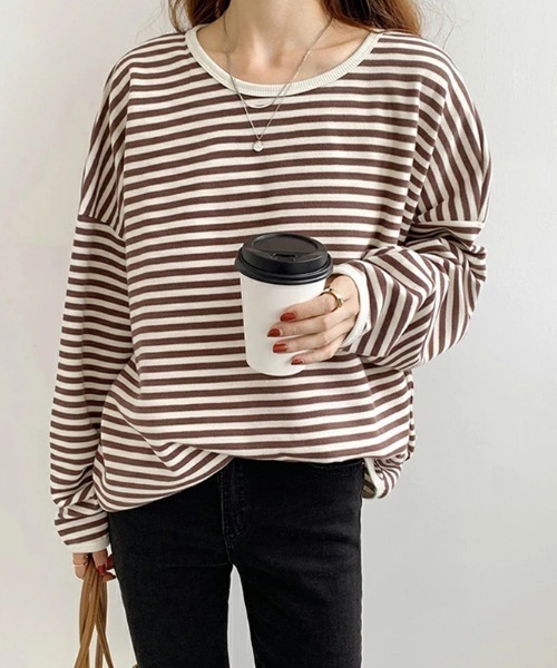 COCOMOMO(ココモモ)の「ボーダー長袖カットソー クルーネックロンT(Tシャツ/カットソー・レディース・ネイビー/ブラック/ブラウン・L/M)」の7枚目の写真