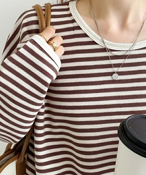 COCOMOMO(ココモモ)の「ボーダー長袖カットソー クルーネックロンT(Tシャツ/カットソー・レディース・ネイビー/ブラック/ブラウン・L/M)」の9枚目の写真
