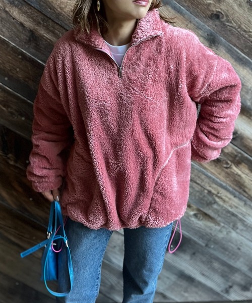 mi via loca(ミヴィアロカ)の「バックモチーフロゴ刺繍 ボア ドロスト ハーフジップ プルオーバー(スウェット・レディース・チャコールグレー/ベージュ/ピンク・FREE)」の14枚目の写真