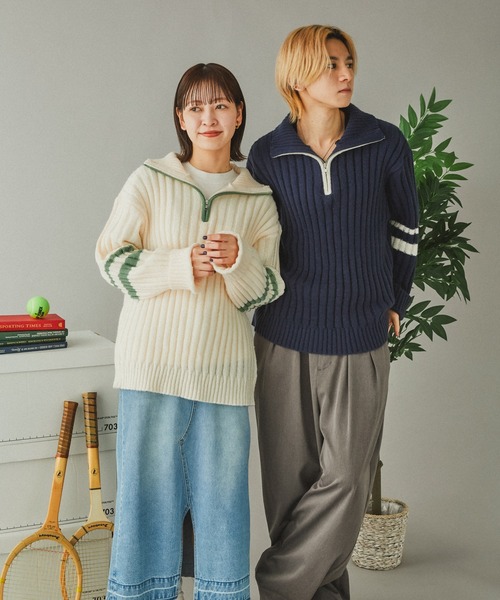Adoon plain(アドーンプレーン)の「畦編みラインハーフジップニット(ニット/セーター・メンズ・ネイビー/アイボリー・LARGE/MEDIUM)」の12枚目の写真