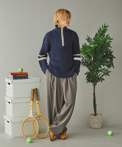 Adoon plain(アドーンプレーン)の「畦編みラインハーフジップニット(ニット/セーター・メンズ・ネイビー/アイボリー・LARGE/MEDIUM)」の5枚目の写真