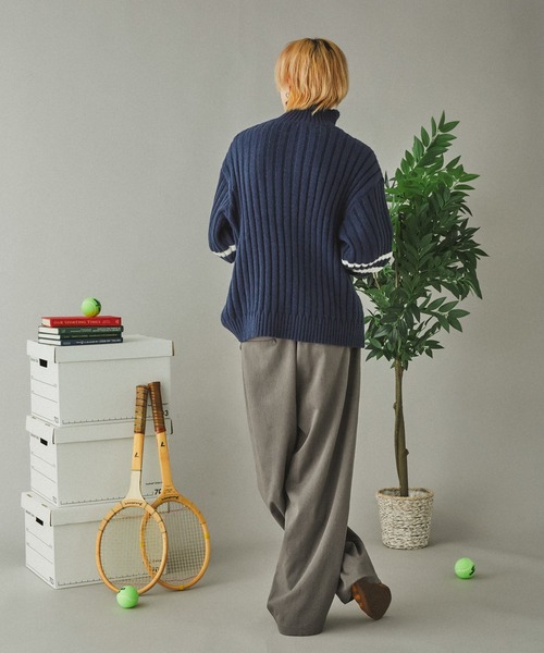 Adoon plain(アドーンプレーン)の「畦編みラインハーフジップニット(ニット/セーター・メンズ・ネイビー/アイボリー・LARGE/MEDIUM)」の6枚目の写真