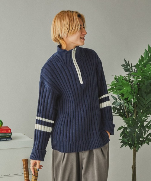 Adoon plain(アドーンプレーン)の「畦編みラインハーフジップニット(ニット/セーター・メンズ・ネイビー/アイボリー・LARGE/MEDIUM)」の3枚目の写真
