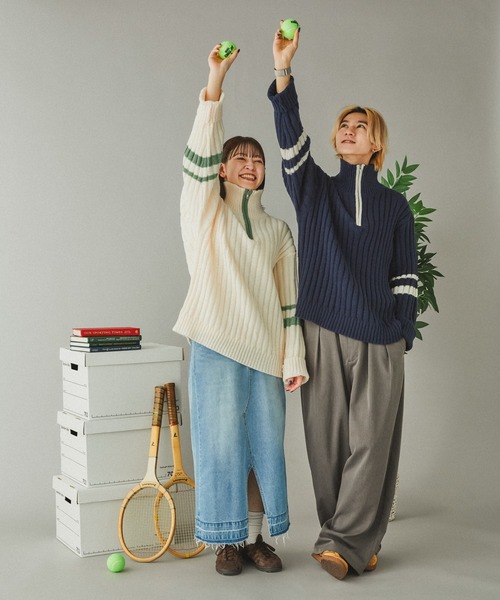 Adoon plain(アドーンプレーン)の「畦編みラインハーフジップニット(ニット/セーター・メンズ・ネイビー/アイボリー・LARGE/MEDIUM)」の15枚目の写真