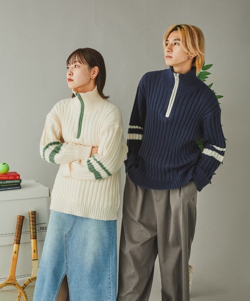 Adoon plain(アドーンプレーン)の「畦編みラインハーフジップニット(ニット/セーター・メンズ・ネイビー/アイボリー・LARGE/MEDIUM)」の11枚目の写真