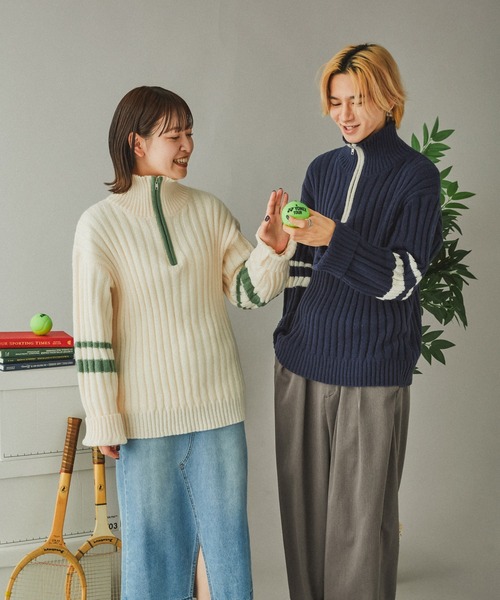 Adoon plain(アドーンプレーン)の「畦編みラインハーフジップニット(ニット/セーター・メンズ・ネイビー/アイボリー・LARGE/MEDIUM)」の13枚目の写真