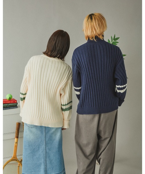 Adoon plain(アドーンプレーン)の「畦編みラインハーフジップニット(ニット/セーター・メンズ・ネイビー/アイボリー・LARGE/MEDIUM)」の14枚目の写真