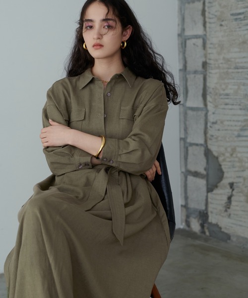 LARUTA（ラルータ）の「【LARUTA】R/麻ミリタリーシャツワンピース（ワンピース・レディース・ブルー系その他/スミクロ/カーキ・FREE）」の6枚目の写真