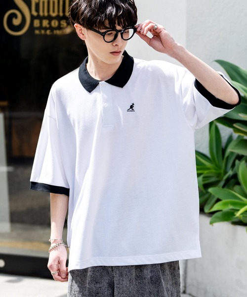 KANGOL（カンゴール）の「KANGOL カンゴール 別注コラボ 鹿の子クレリックワンポイント刺繍/オーバーサイズ半袖ポロシャツ（ポロシャツ・メンズ・ホワイト/ブラック/グレー/ネイビー/グリーン/ネイビー×ホワイト/ホワイト系/ホワイト×ブラック/ブラック×ホワイト/ブラック×ブルー・M/L/XL）」の2枚目の写真