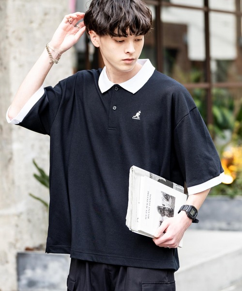 KANGOL（カンゴール）の「KANGOL カンゴール 別注コラボ 鹿の子クレリックワンポイント刺繍/オーバーサイズ半袖ポロシャツ（ポロシャツ・メンズ・ホワイト/ブラック/グレー/ネイビー/グリーン/ネイビー×ホワイト/ホワイト系/ホワイト×ブラック/ブラック×ホワイト/ブラック×ブルー・M/L/XL）」の5枚目の写真