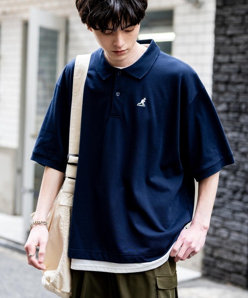 KANGOL（カンゴール）の「KANGOL カンゴール 別注コラボ 鹿の子クレリックワンポイント刺繍/オーバーサイズ半袖ポロシャツ（ポロシャツ・メンズ・ホワイト/ブラック/グレー/ネイビー/グリーン/ネイビー×ホワイト/ホワイト系/ホワイト×ブラック/ブラック×ホワイト/ブラック×ブルー・M/L/XL）」の9枚目の写真