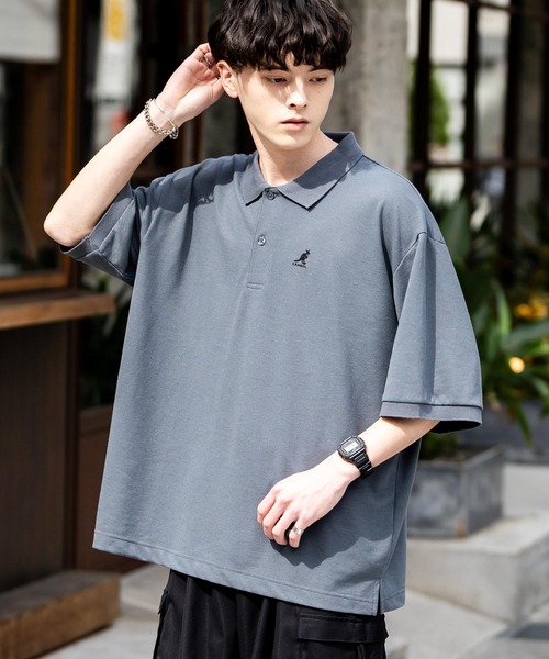 KANGOL（カンゴール）の「KANGOL カンゴール 別注コラボ 鹿の子クレリックワンポイント刺繍/オーバーサイズ半袖ポロシャツ（ポロシャツ・メンズ・ホワイト/ブラック/グレー/ネイビー/グリーン/ネイビー×ホワイト/ホワイト系/ホワイト×ブラック/ブラック×ホワイト/ブラック×ブルー・M/L/XL）」の7枚目の写真