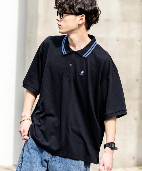 KANGOL（カンゴール）の「KANGOL カンゴール 別注コラボ 鹿の子クレリックワンポイント刺繍/オーバーサイズ半袖ポロシャツ（ポロシャツ・メンズ・ホワイト/ブラック/グレー/ネイビー/グリーン/ネイビー×ホワイト/ホワイト系/ホワイト×ブラック/ブラック×ホワイト/ブラック×ブルー・M/L/XL）」の6枚目の写真