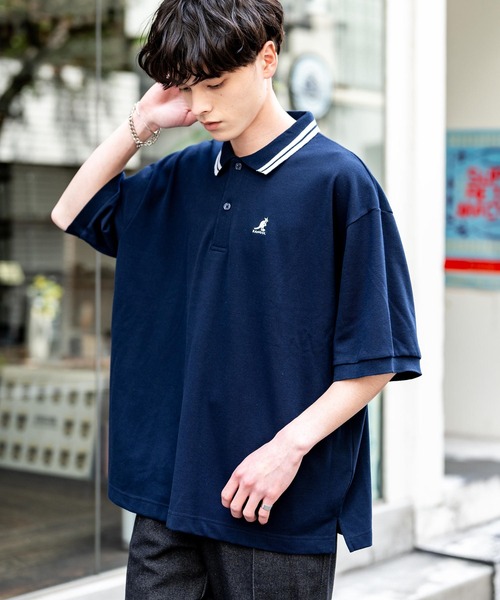 KANGOL（カンゴール）の「KANGOL カンゴール 別注コラボ 鹿の子クレリックワンポイント刺繍/オーバーサイズ半袖ポロシャツ（ポロシャツ・メンズ・ホワイト/ブラック/グレー/ネイビー/グリーン/ネイビー×ホワイト/ホワイト系/ホワイト×ブラック/ブラック×ホワイト/ブラック×ブルー・M/L/XL）」の10枚目の写真