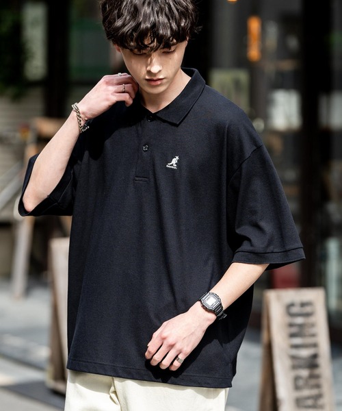 KANGOL（カンゴール）の「KANGOL カンゴール 別注コラボ 鹿の子クレリックワンポイント刺繍/オーバーサイズ半袖ポロシャツ（ポロシャツ・メンズ・ホワイト/ブラック/グレー/ネイビー/グリーン/ネイビー×ホワイト/ホワイト系/ホワイト×ブラック/ブラック×ホワイト/ブラック×ブルー・M/L/XL）」の20枚目の写真