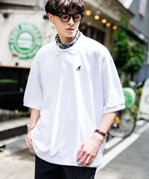 KANGOL（カンゴール）の「KANGOL カンゴール 別注コラボ 鹿の子クレリックワンポイント刺繍/オーバーサイズ半袖ポロシャツ（ポロシャツ・メンズ・ホワイト/ブラック/グレー/ネイビー/グリーン/ネイビー×ホワイト/ホワイト系/ホワイト×ブラック/ブラック×ホワイト/ブラック×ブルー・M/L/XL）」の11枚目の写真