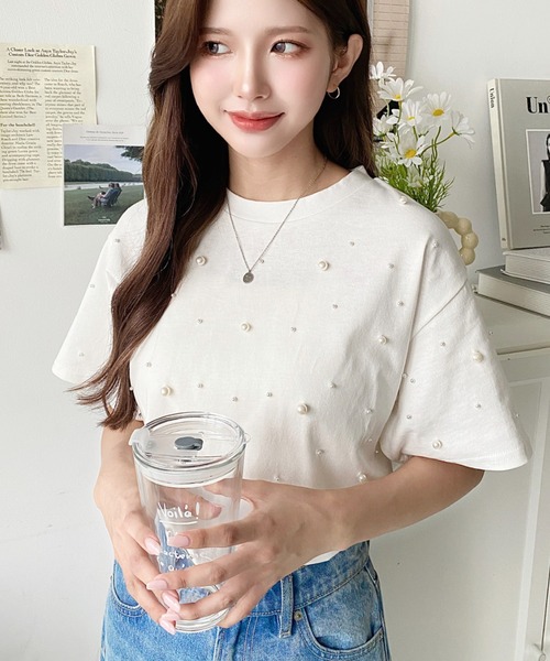 JUSGLITTY 半袖Tシャツ　パール付き セール】パールミックス半袖Tシャツ（Tシャツ/カットソー