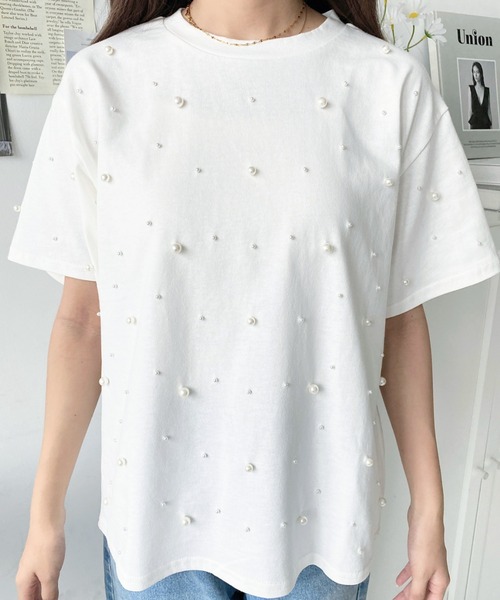 美品　TOPTEE Tシャツ　半袖　チュール　パール　白　S セール】ドッキングチュールレイヤードシアー半袖Tシャツ（T