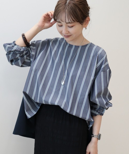 AMERICAN HOLIC(アメリカンホリック)の「異素材バックタックドッキングプルオーバー(Tシャツ/カットソー・レディース・オフホワイト/ストライプ/ネイビー/ブラック・L/M)」の3枚目の写真