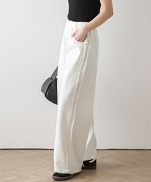 ann demeulemeester ホワイトデニムパンツ サイドライン セール】カットアウトベルトワイドデニム（デニムパンツ