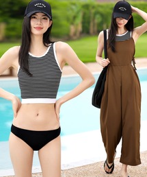 TeddyShop | 【UVカット率 99％以上】バッククロスサロペット+ボーダービキニ 3点セット(水着)