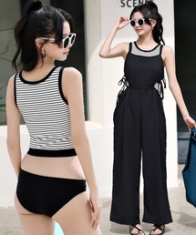 TeddyShop | 【UVカット率 99％以上】バッククロスサロペット+ボーダービキニ 3点セット(水着)