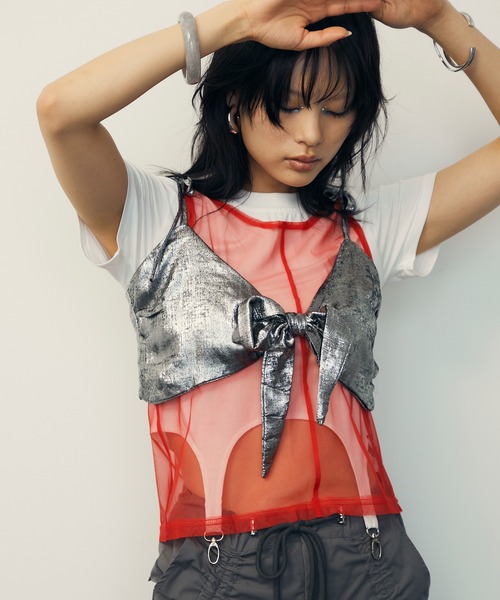 uyu.（ウユ）の「Ballet Core Ribbon Bustier /バレエコア リボンミニビスチェ【uyu./ウユ】（キャミソール・レディース・シルバー・FREE）」の2枚目の写真