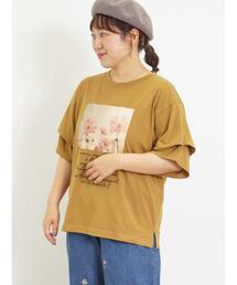 Samansa Mos2 | 転写プリント袖タックTシャツ(Tシャツ/カットソー)